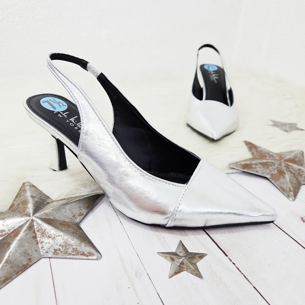Nicole Miller Securio Metallic Silver Slingback Heels Pointed Cap Toe Size 7.5